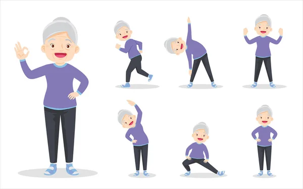 Bundle Set Elderly Woman Exercise Various Actions Grandmother Various Actions — Stock Vector