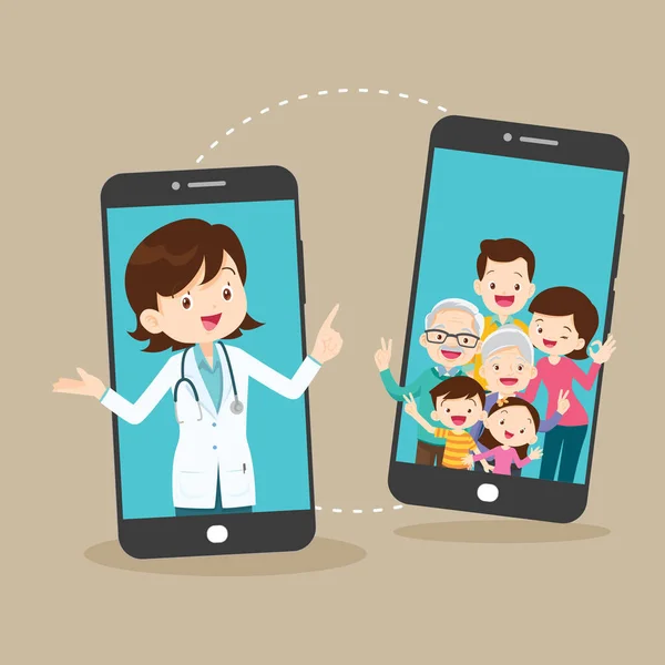 Mądry Lekarz Ekranie Telefonu Rodziną Mobile App Family Doctor Rodzina — Wektor stockowy