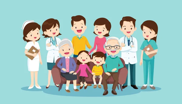 Γιατροί Και Μεγάλη Ευτυχισμένη Οικογένεια Κάθονται Στον Καναπέ Γιαγιά Παππούς — Διανυσματικό Αρχείο