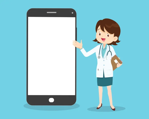 在线医疗急救咨询服务 远程医疗 医生在手机上用应用程序信使与病人聊天 药店的药品订单 医生和智能手机演示 — 图库矢量图片