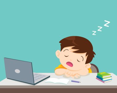 Çocuk ders çalışmaktan sıkılmış dizüstü bilgisayarın önünde uyuyor. Evde öğrenim gören yorgun çocuk kavramı ya da online eğitim