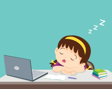 Çalışmaktan sıkılmış çocuk dizüstü bilgisayarın önünde uyuyor. Evde öğrenim gören yorgun çocuk kavramı ya da online eğitim