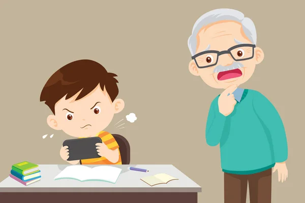 Abuelo Problemas Con Niño Jugando Juegos Sin Hacer Tarea — Vector de stock