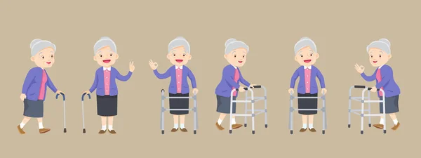 高齢者や医療ウォーカーのサポートのセット 退職中の高齢者の祖父母 現代の年配の年金受給者パドルウォーカーと杖 杖歩く棒 — ストックベクタ