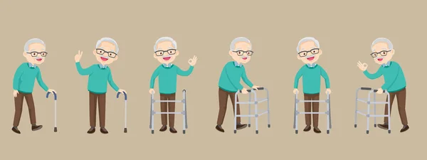 Set Elderly Disabled People Medical Walker Support Old Grandparents Retirement — Stock Vector