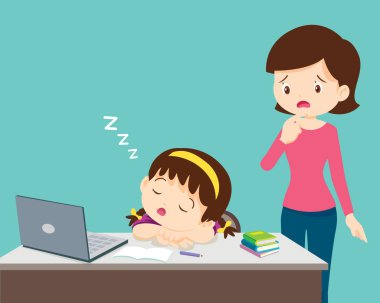 Anne kılıklı çocuk ders çalışmaktan sıkılmış dizüstü bilgisayarın önünde uyuyor. Evde öğrenim gören yorgun çocuk kavramı ya da online eğitim