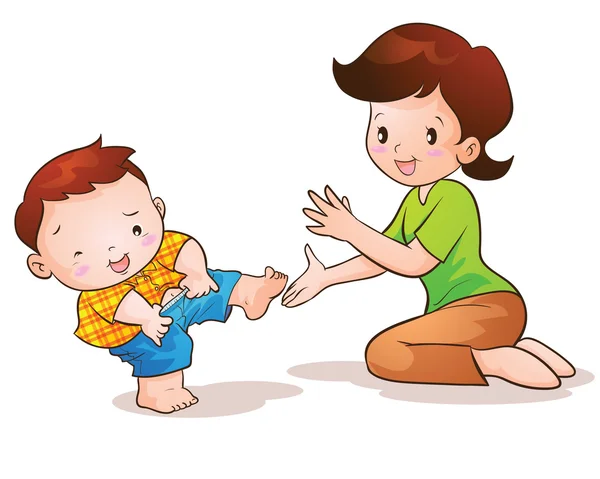 Mamma insegna figlio indossare pantaloni — Vettoriale Stock