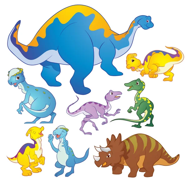 Söta grupp dinosaurier vektor många åtgärder — Stock vektor