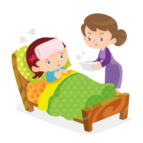 Cute girls take care of sick mother — Stock Illustration Cute girls take care of sick mother Stock Vector