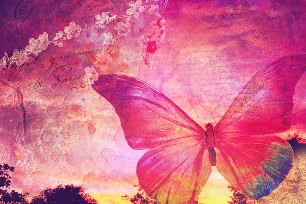 Pink butterfly old postcard — Stock Photo, Image