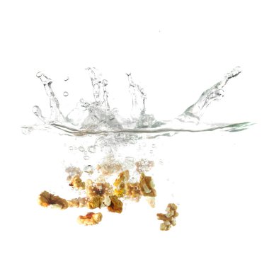 Ceviz splash su, beyaz arka plan üzerinde izole.