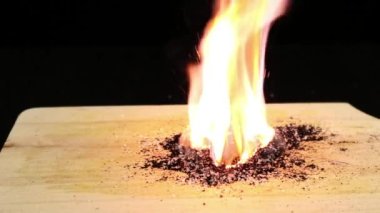 Potasyum permanganat KMnO4 ve Şeker deneyleri. Potasyum permanganat ve şeker yangın çıkarabilir. Siyah arkaplanda resim