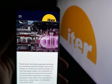 Stuttgart, Almanya - 10-06-2025: Nükleer füzyon güç reaktörü projesinin web sayfası olan akıllı telefonu logonun önünde ekranda tutan kişi. Telefon ekranının merkezine odaklan.