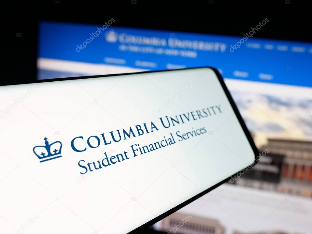 Stuttgart, Germany - 10-09-2025: Smartphone with logo of Columbia University in the City of New York on screen in front of website. Focus on center-left of phone display.