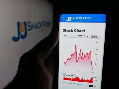 Stuttgart, Almanya - 10-12-2025: ABD 'li gıda şirketi JJ Snack Foods Corp' un internet sayfası ile cep telefonu tutan kişi logonun önünde ekranda. Telefon ekranının merkezine odaklan.