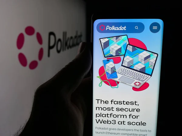 Stuttgart, Almanya - 10-13-2025: Logo önündeki ekranda engelleme şirketi Polkadot 'nun (Dikkat dağıtma şirketi) web sayfası bulunan cep telefonu sahibi kişi. Telefon ekranının merkezine odaklan.