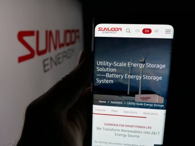 Stuttgart, Almanya - 10-19-2025: Sunwoda Energy Technology Co. Ltd. şirketinin web sayfasını elinde tutan kişi logonun önünde ekranda. Telefon ekranının merkezine odaklan.