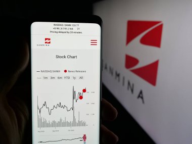 Stuttgart, Almanya - 10-30-2025: ABD 'li elektronik şirketi Sanmina Corporation' ın web sayfası olan akıllı telefon sahibi kişi logonun önünde ekranda. Telefon ekranının merkezine odaklan.