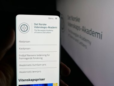 Stuttgart, Almanya - 10-31-2025: Logo önündeki ekranda Norveç Bilim ve Edebiyat Akademisi web sayfası bulunan kişi. Telefon ekranının merkezine odaklan.