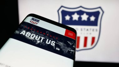 Stuttgart, Germany - 11-04-2025: Mobile phone with website of organisation United States Auto Club (USAC) on screen in front of logo. Focus on top-left of phone display.