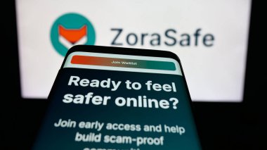 Stuttgart, Germany - 11-05-2025: Mobile phone with website of US AI cybersecurity company ZoraSafe Inc. on screen in front of logo. Focus on top-left of phone display.