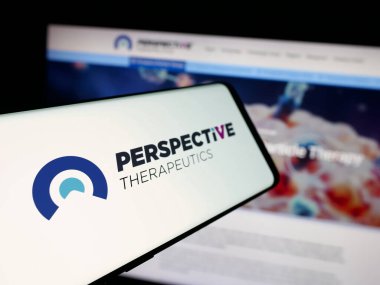 Stuttgart, Germany - 11-06-2025: Smartphone with logo of US company Perspective Therapeutics Inc. on screen in front of website. Focus on center-left of phone display.