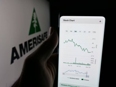 Stuttgart, Germany - 11-08-2025: Person holding cellphone with webpage of US insurance company Amerisafe Inc. on screen in front of logo. Focus on center of phone display.