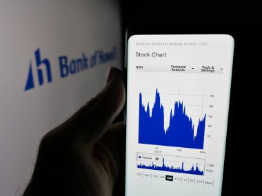 Stuttgart, Almanya - 11-13-2025: Finans şirketi Bank of Hawaii Corporation 'ın internet sayfası ile akıllı telefon sahibi kişi logonun önünde ekranda. Telefon ekranının merkezine odaklan.