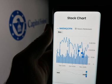 Stuttgart, Almanya - 11-14-2025: Tasarruf bankası Capitol Federal Financial Inc. 'in web sayfası ile akıllı telefon sahibi kişi logonun önünde ekranda. Telefon ekranının merkezine odaklan.