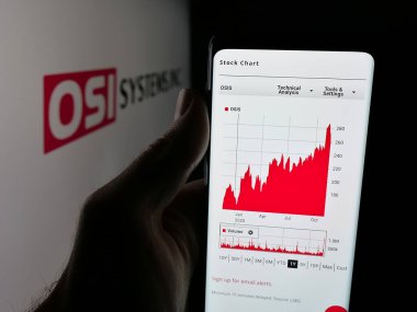 Stuttgart, Almanya - 11-18-2025: ABD 'li güvenlik şirketi OSI Systems Inc.' in web sayfası ile birlikte cep telefonu logosu önünde ekranda. Telefon ekranının merkezine odaklan.