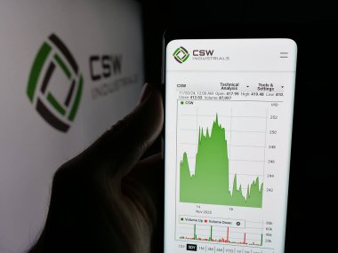 Stuttgart, Almanya - 11-20-2025: ABD 'li CSW Industrials Inc. şirketinin web sayfası ile akıllı telefon sahibi kişi logonun önünde ekranda. Telefon ekranının merkezine odaklan.