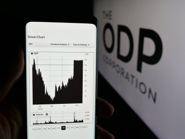 Stuttgart, Almanya - 11-26-2025: ABD 'li perakende şirketi The ODP Corporation' ın web sayfası ile akıllı telefon sahibi kişi logonun önünde ekranda. Telefon ekranının merkezine odaklan.