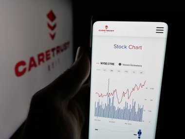 Stuttgart, Almanya - 11-27-2025: ABD 'li emlak şirketi CareTrust REIT Inc.' in web sayfası ile akıllı telefon sahibi kişi logonun önünde ekranda. Telefon ekranının merkezine odaklan.