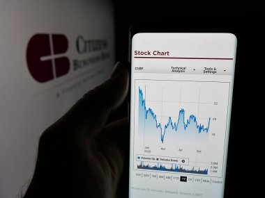 Stuttgart, Almanya - 11-27-2025: ABD 'li finans şirketi Vatandaşlar İş Bankası' nın web sitesiyle akıllı telefon sahibi kişi logonun önünde ekranda. Telefon ekranının merkezine odaklan.