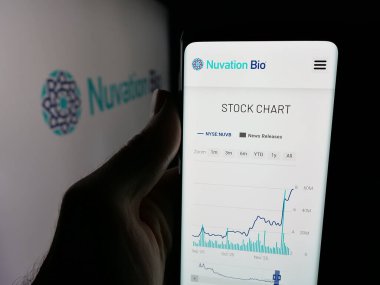 Stuttgart, Almanya - 11-28-2025: ABD 'li onkoloji şirketi Nuvation Bio Inc.' in web sayfası ile akıllı telefon sahibi kişi logonun önünde ekranda. Telefon ekranının merkezine odaklan.