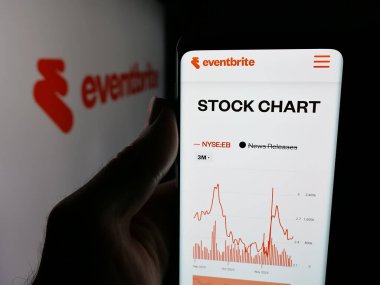 Stuttgart, Almanya - 11-30-2025: ABD 'li etkinlik planlama şirketi Eventbrite Inc.' in web sayfası ile akıllı telefon sahibi kişi logonun önünde ekranda. Telefon ekranının merkezine odaklan.