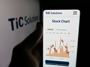 Stuttgart, Almanya - 12-05-2025: Test şirketi TIC Solutions Inc. 'in web sayfası olan akıllı telefonu logo önünde ekranda tutan kişi. Telefon ekranının merkezine odaklan.