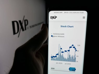 Stuttgart, Almanya - 12-10-2025: ABD 'li dağıtım şirketi DXP Enterprises Inc.' in web sayfası olan cep telefonu logonun önünde ekranda. Telefon ekranının merkezine odaklan.