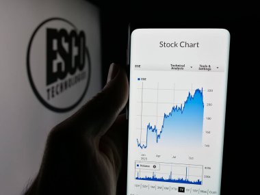 Stuttgart, Almanya - 12-10-2025: ABD 'li endüstriyel şirket ESCO Technologies Inc.' nin web sayfası ile cep telefonu logonun önünde ekranda. Telefon ekranının merkezine odaklan.