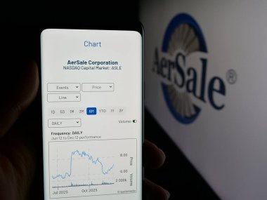Stuttgart, Almanya - 12-12-2025: Cep telefonunda ABD havacılık şirketi AerSale Inc. 'in web sayfası logo önünde ekranda. Telefon ekranının merkezine odaklan.