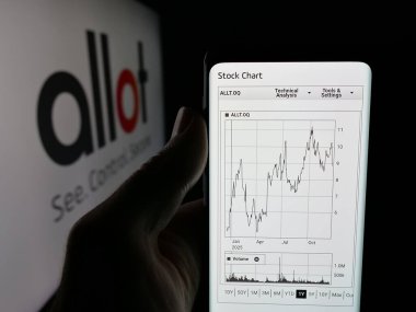 Stuttgart, Almanya - 12-17-2025: İletişim yazılım şirketi Allot Ltd. 'nin web sayfası ile akıllı telefonu olan kişi logonun önünde ekranda. Telefon ekranının merkezine odaklan.