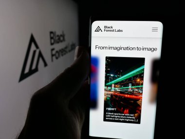 Stuttgart, Almanya - 01-24-2026: AI şirketi Black Forest Labs 'ın (BFL GmbH) web sayfası logonun önünde bulunan kişi. Telefon ekranının merkezine odaklan.