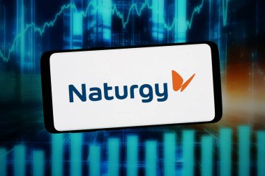 Stuttgart, Almanya - 02-12-2026: Bu resimde, İspanyol Naturgy Energy Group S.A. şirketinin logosu bilgisayar ekranında soyut bir arkaplanda akıllı telefon önünde sergileniyor..