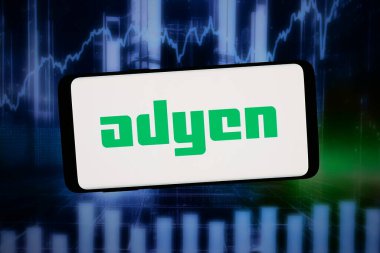 Stuttgart, Almanya - 02-14-2026: Bu fotoğraf illüstrasyonunda, Hollandalı fintech şirketi Adyen NV 'nin logosu bilgisayar ekranında soyut bir arkaplanda akıllı telefon önünde sergilenmektedir..