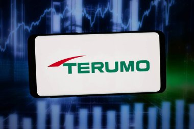 Stuttgart, Almanya - 02-19-2026: Bu fotoğraf illüstrasyonunda, tıbbi malzeme şirketi Terumo Corporation 'ın logosu bilgisayar ekranında soyut bir arkaplanda akıllı telefon önünde sergileniyor.
