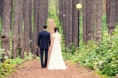 damat ve gelin ahşap açık havada yürümek