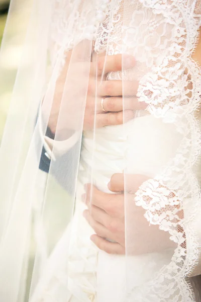 O noivo abraça noivas — Fotografia de Stock