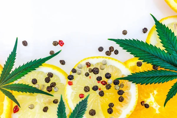 Cannabis Terpene Concept Leafs Lemons Orange Peppercorns White Background — Fotografia de Stock