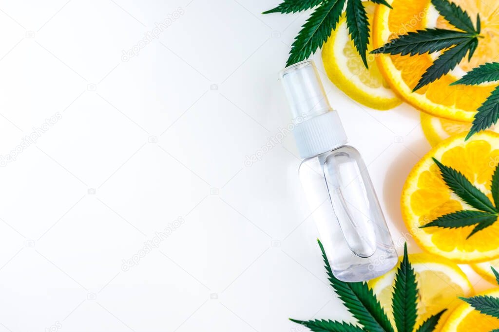 Cannabis Terpene concept with leafs lemon orange and on white background