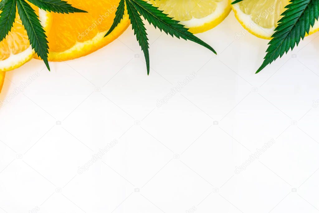 Cannabis Terpene concept with leafs lemon orange on white background